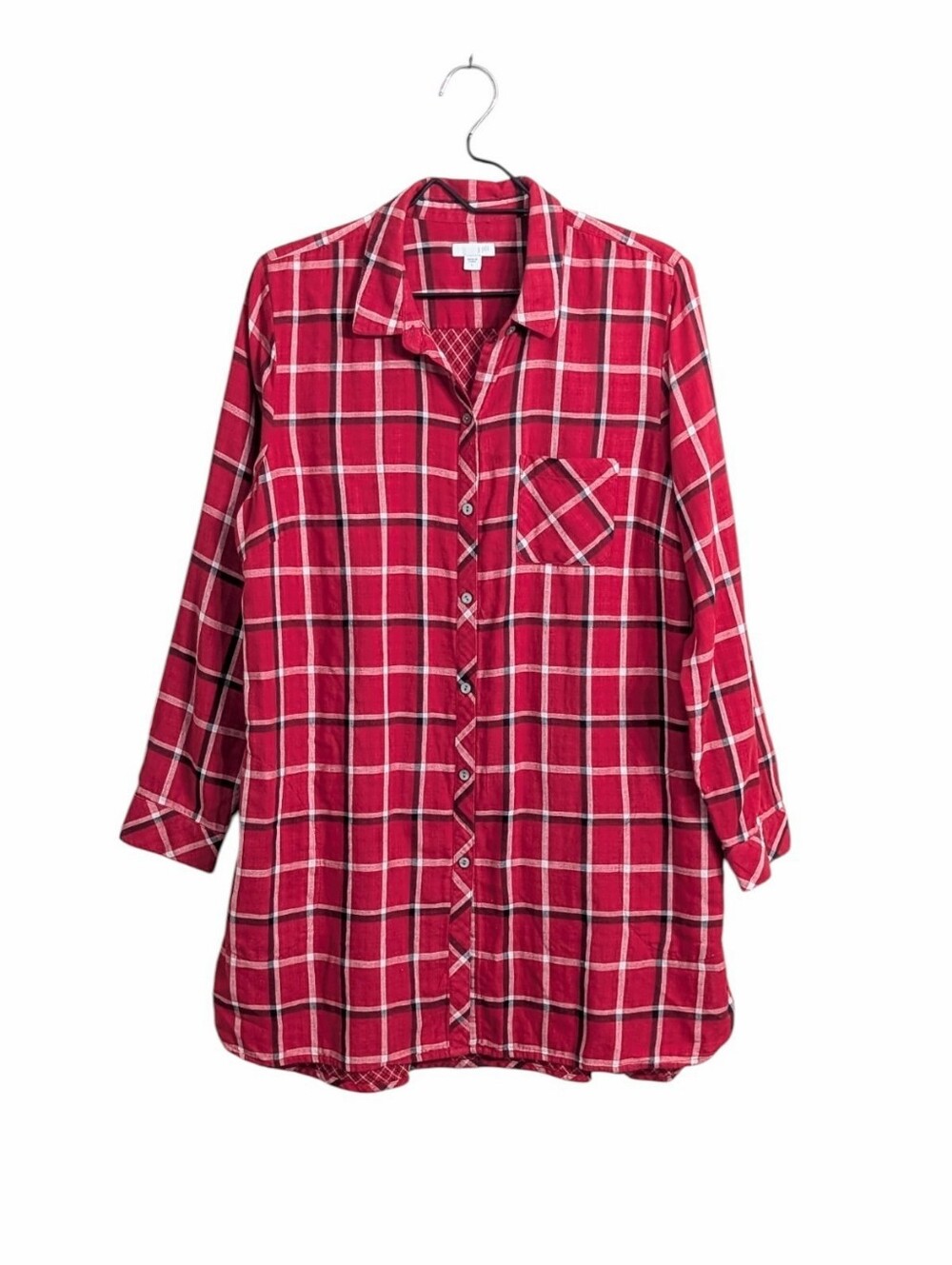 J.Jill Red Plaid Double Cloth Tunic Shirt Size L Button-Up Long Sleeve Pockets
